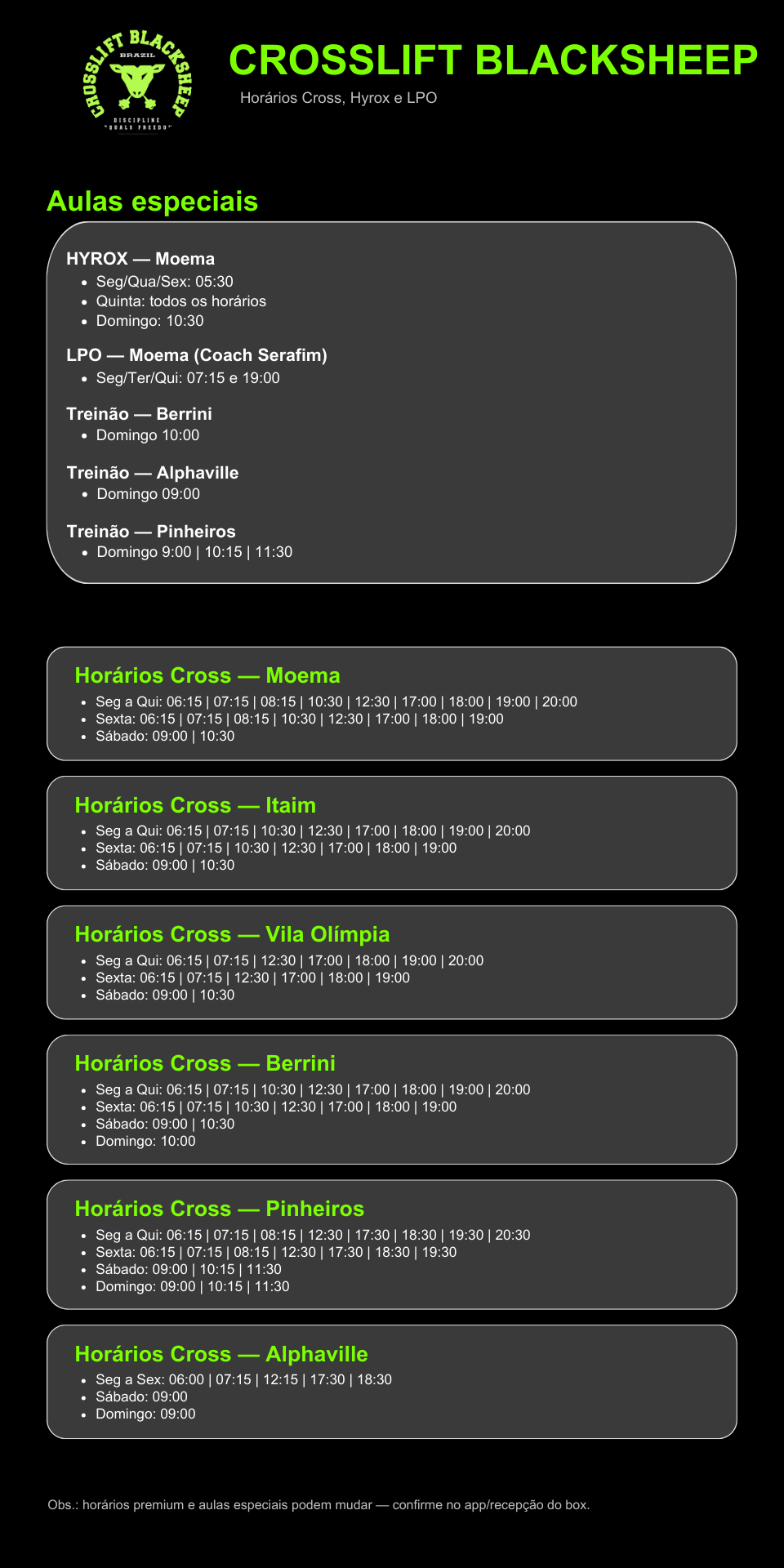 Horários da unidade